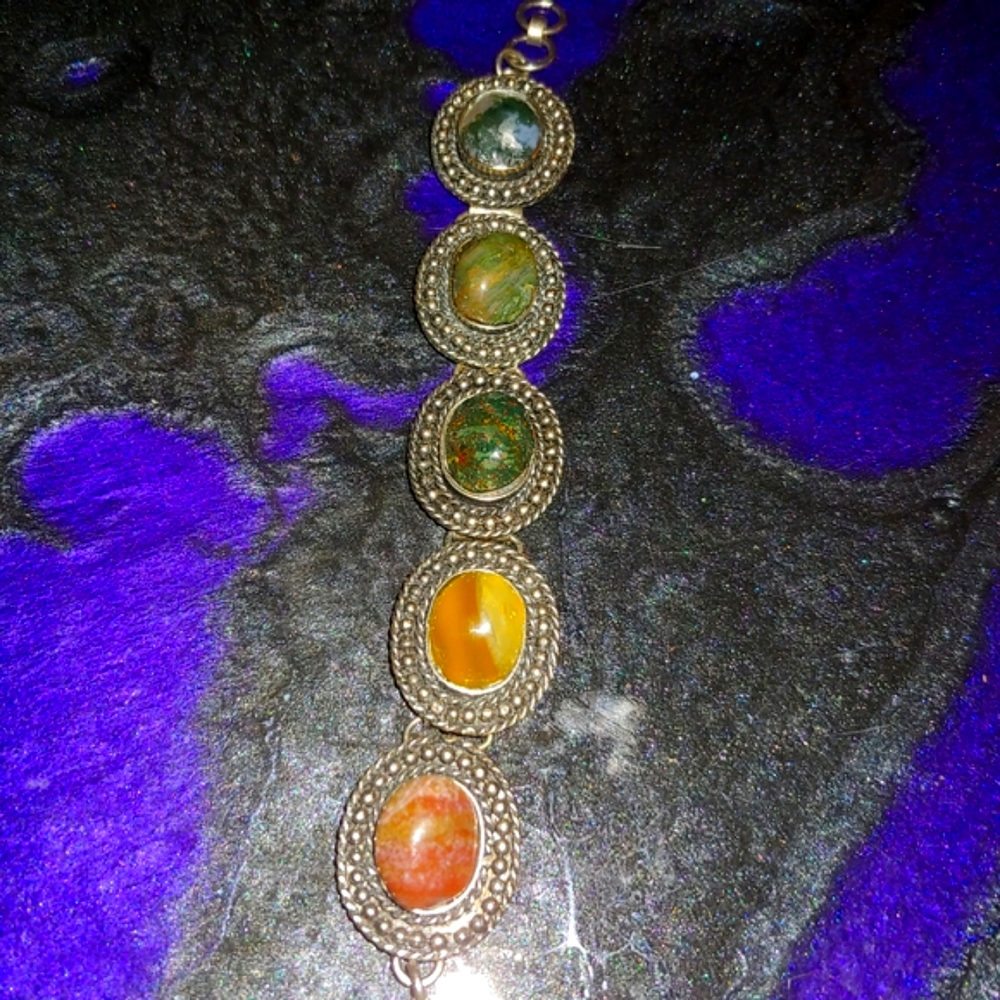 Vintage Silver Multi-Stone Bracelet 7" Long